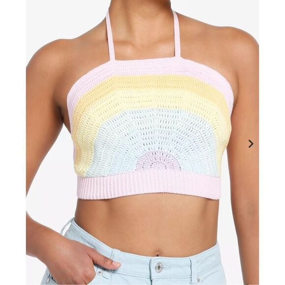 Sweet Society Pastel Rainbow Cropped Knit Halter Top size XL - Picture 5 of 6